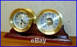 Vtg Chelsea Boston 5 1/2 Brass Ship Bell Mantle Clock & Barometer Set Working