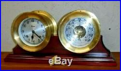 Vtg Chelsea Boston 5 1/2 Brass Ship Bell Mantle Clock & Barometer Set Working