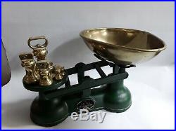 Vtg English The Salter Kitchen Scale Green 7 Brass Bell Weights Original Box