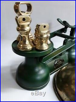 Vtg English The Salter Kitchen Scale Green 7 Brass Bell Weights Original Box