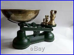 Vtg English The Salter Kitchen Scale Green 7 Brass Bell Weights Original Box