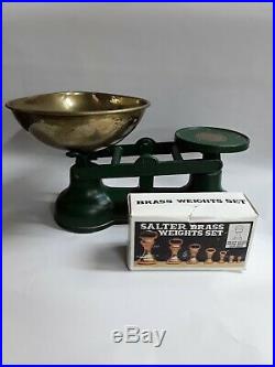 Vtg English The Salter Kitchen Scale Green 7 Brass Bell Weights Original Box