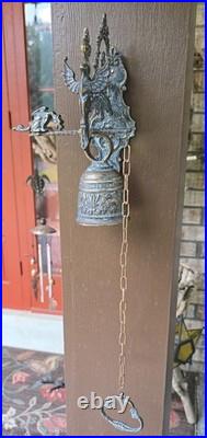 Vtg. Gothic Dragon Brass Door/Wall-Mounted Monastery Bell With Chain & Pull Handle