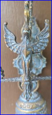 Vtg. Gothic Dragon Brass Door/Wall-Mounted Monastery Bell With Chain & Pull Handle