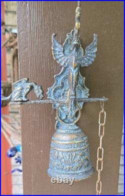 Vtg. Gothic Dragon Brass Door/Wall-Mounted Monastery Bell With Chain & Pull Handle