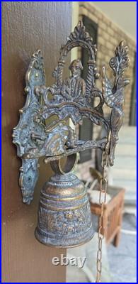 Vtg. Gothic Dragon Brass Door/Wall-Mounted Monastery Bell With Chain & Pull Handle