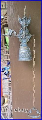 Vtg. Gothic Dragon Brass Door/Wall-Mounted Monastery Bell With Chain & Pull Handle