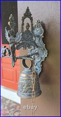 Vtg. Gothic Dragon Brass Door/Wall-Mounted Monastery Bell With Chain & Pull Handle
