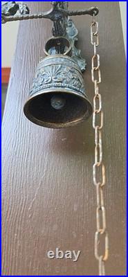Vtg. Gothic Dragon Brass Door/Wall-Mounted Monastery Bell With Chain & Pull Handle