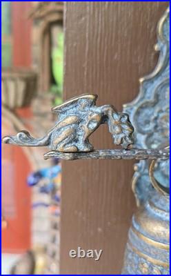 Vtg. Gothic Dragon Brass Door/Wall-Mounted Monastery Bell With Chain & Pull Handle