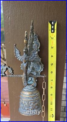 Vtg. Gothic Dragon Brass Door/Wall-Mounted Monastery Bell With Chain & Pull Handle