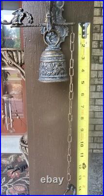 Vtg. Gothic Dragon Brass Door/Wall-Mounted Monastery Bell With Chain & Pull Handle