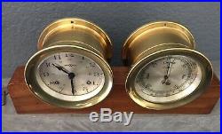 Vtg Howard Miller 5-1/8 Solid Brass Ship Bell Mantle Clock Barometer Set Works