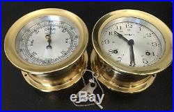 Vtg Howard Miller 5-1/8 Solid Brass Ship Bell Mantle Clock Barometer Set Works