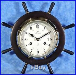 Vtg. Schatz ROYAL MARINER Ship's 8 Day, 8 Bell Key Wind Clock, Wood Wheel, EUC