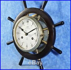 Vtg. Schatz ROYAL MARINER Ship's 8 Day, 8 Bell Key Wind Clock, Wood Wheel, EUC