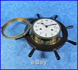 Vtg. Schatz ROYAL MARINER Ship's 8 Day, 8 Bell Key Wind Clock, Wood Wheel, EUC