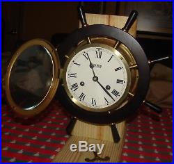 Vtg TREND Ships Bell Clock 8-Day Brass with Wood ship Wheel pre 1968 Zeeland Mi
