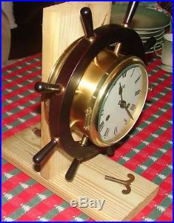 Vtg TREND Ships Bell Clock 8-Day Brass with Wood ship Wheel pre 1968 Zeeland Mi