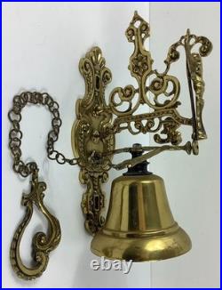 Vtg Wall-Mounted Ornate Metal Brass Bell withCherub Angel