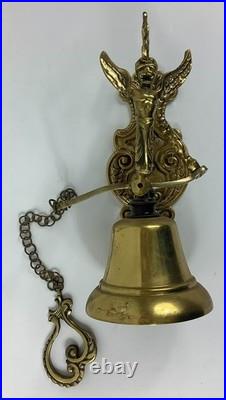 Vtg Wall-Mounted Ornate Metal Brass Bell withCherub Angel