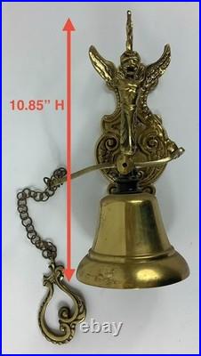 Vtg Wall-Mounted Ornate Metal Brass Bell withCherub Angel