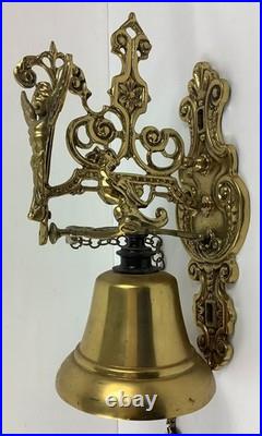 Vtg Wall-Mounted Ornate Metal Brass Bell withCherub Angel