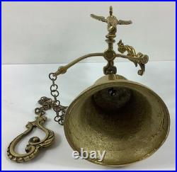 Vtg Wall-Mounted Ornate Metal Brass Bell withCherub Angel
