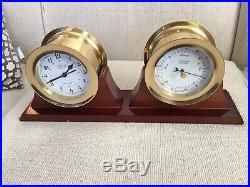 WEEMS & PLATH Ship's Bell Clock & Barometer with Wood Display Stand GERMANY