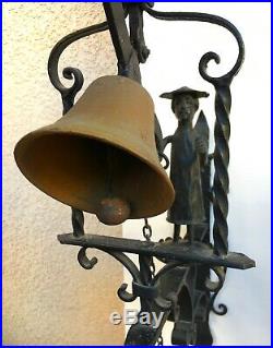 WROUGHT IRON DOOR BELL, Vtg Atq Mission Brass Dinner Chime Architectural Salvage