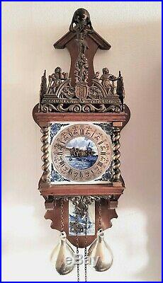 Warmink Wall Clock Zaanse Blue & White Tiles 1970 Brass Weights Pendulum Bell