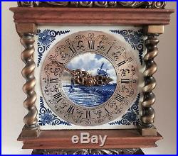 Warmink Wall Clock Zaanse Blue & White Tiles 1970 Brass Weights Pendulum Bell