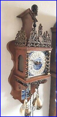 Warmink Wall Clock Zaanse Blue & White Tiles 1970 Brass Weights Pendulum Bell