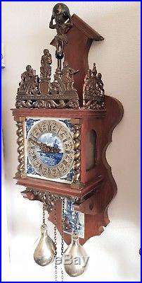 Warmink Wall Clock Zaanse Blue & White Tiles 1970 Brass Weights Pendulum Bell