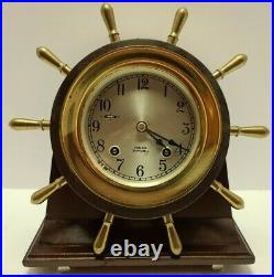 Working 1967 CHELSEA Brass SHIP'S BELL Nautical Ship Wheel Mantel Clock withStand