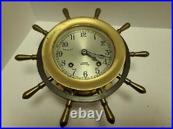 Working 1967 CHELSEA Brass SHIP'S BELL Nautical Ship Wheel Mantel Clock withStand