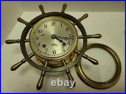 Working 1967 CHELSEA Brass SHIP'S BELL Nautical Ship Wheel Mantel Clock withStand