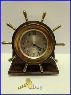 Working 1967 CHELSEA Brass SHIP'S BELL Nautical Ship Wheel Mantel Clock withStand