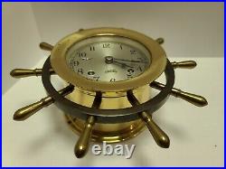 Working 1967 CHELSEA Brass SHIP'S BELL Nautical Ship Wheel Mantel Clock withStand