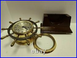 Working 1967 CHELSEA Brass SHIP'S BELL Nautical Ship Wheel Mantel Clock withStand