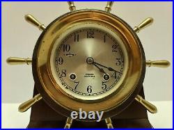 Working 1967 CHELSEA Brass SHIP'S BELL Nautical Ship Wheel Mantel Clock withStand