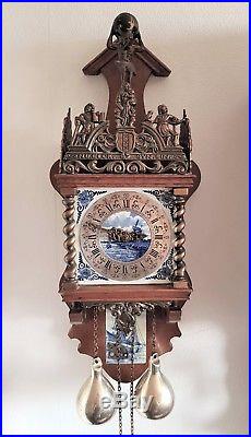 Zaanse Clock Rare Blue & White Tiles Vintage 1970 Brass Weights Pendulum Bell
